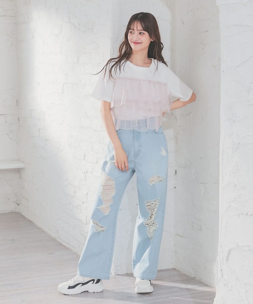 Honeys(ハニーズ)の「ビスチェ風チュールトップス(Tシャツ/カットソー・レディース・ホワイト×グレー/ホワイト×ピンク/ブラック/ホワイト系その他・L/LL/M/S)」の10枚目の写真