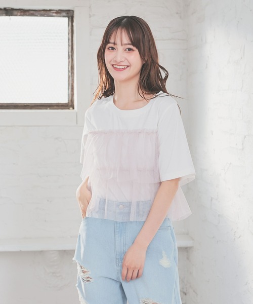 Honeys(ハニーズ)の「ビスチェ風チュールトップス(Tシャツ/カットソー・レディース・ホワイト×グレー/ホワイト×ピンク/ブラック/ホワイト系その他・L/LL/M/S)」の11枚目の写真