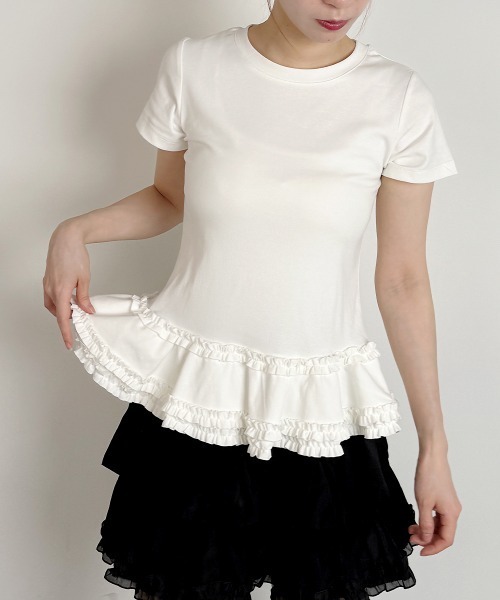 VIVID LADY（ビビッドレディー）の「裾フリル スリムロングT 半袖/Ruffled Hem Slim Short Sleeves（Tシャツ/カットソー・レディース・ホワイト/グレー・FREE）」の2枚目の写真