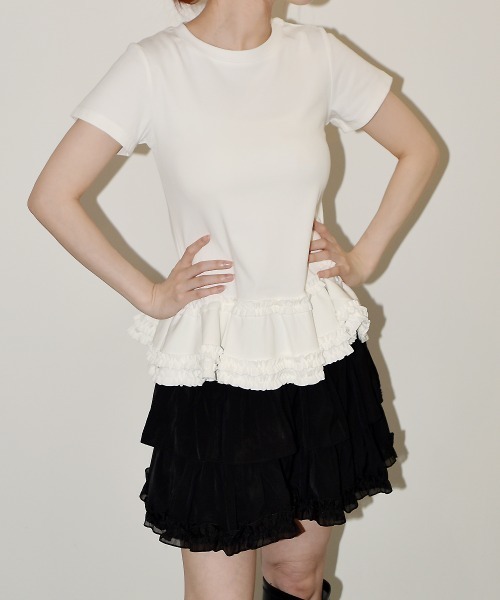 ぴいちゃん　LISSETTE フリル半袖 セール】裾フリル スリムロングT 半袖/Ruffled Hem Slim Short