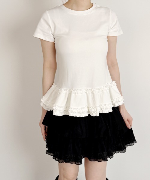 VIVID LADY（ビビッドレディー）の「裾フリル スリムロングT 半袖/Ruffled Hem Slim Short Sleeves（Tシャツ/カットソー・レディース・ホワイト/グレー・FREE）」の7枚目の写真