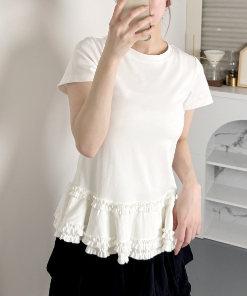 VIVID LADY（ビビッドレディー）の「裾フリル スリムロングT 半袖/Ruffled Hem Slim Short Sleeves（Tシャツ/カットソー・レディース・ホワイト/グレー・FREE）」の13枚目の写真