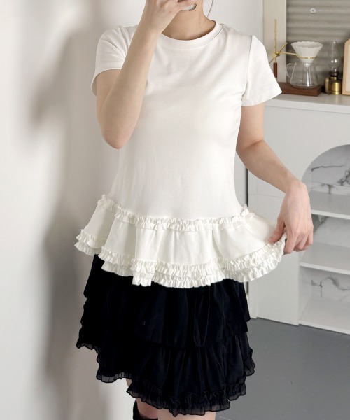 VIVID LADY（ビビッドレディー）の「裾フリル スリムロングT 半袖/Ruffled Hem Slim Short Sleeves（Tシャツ/カットソー・レディース・ホワイト/グレー・FREE）」の14枚目の写真