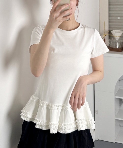 VIVID LADY（ビビッドレディー）の「裾フリル スリムロングT 半袖/Ruffled Hem Slim Short Sleeves（Tシャツ/カットソー・レディース・ホワイト/グレー・FREE）」の15枚目の写真