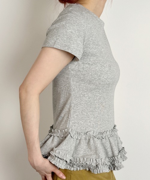 VIVID LADY（ビビッドレディー）の「裾フリル スリムロングT 半袖/Ruffled Hem Slim Short Sleeves（Tシャツ/カットソー・レディース・ホワイト/グレー・FREE）」の22枚目の写真