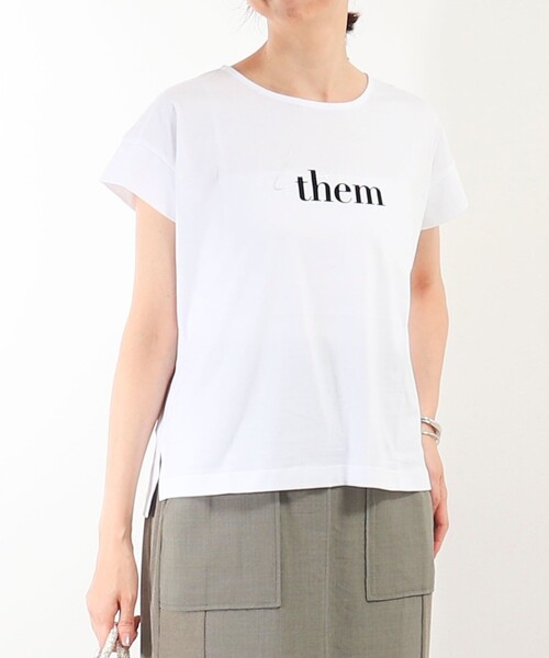 MICO COULIER（ミコクリエ）の「超長綿フロッキー×箔プリントTシャツ（Tシャツ/カットソー・レディース・ベージュ/オフホワイト/チャコールグレー・38）」の2枚目の写真