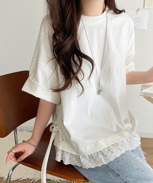 classicalelf（クラシカルエルフ）の「体型カバーも叶う！重ね着風で即こなれ感♪ レイヤード風サイドドロスト裾 綿100％レースビッグTシャツ（Tシャツ/カットソー・レディース・グリーン/チャコール/オフホワイト・SMALL/MEDIUM/LARGE/X-LARGE）」の9枚目の写真