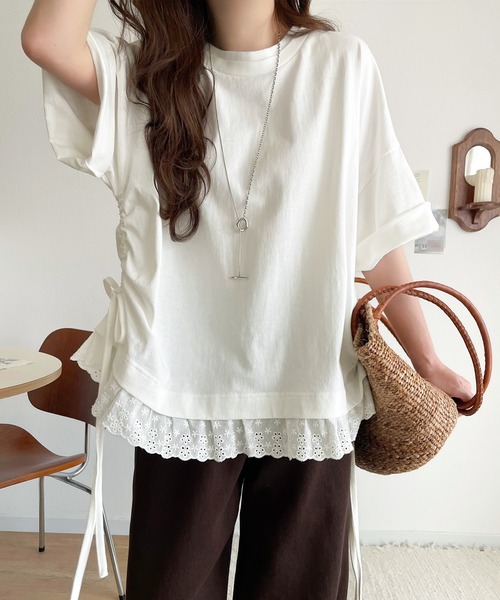 classicalelf（クラシカルエルフ）の「体型カバーも叶う！重ね着風で即こなれ感♪ レイヤード風サイドドロスト裾 綿100％レースビッグTシャツ（Tシャツ/カットソー・レディース・グリーン/チャコール/オフホワイト・SMALL/MEDIUM/LARGE/X-LARGE）」の14枚目の写真