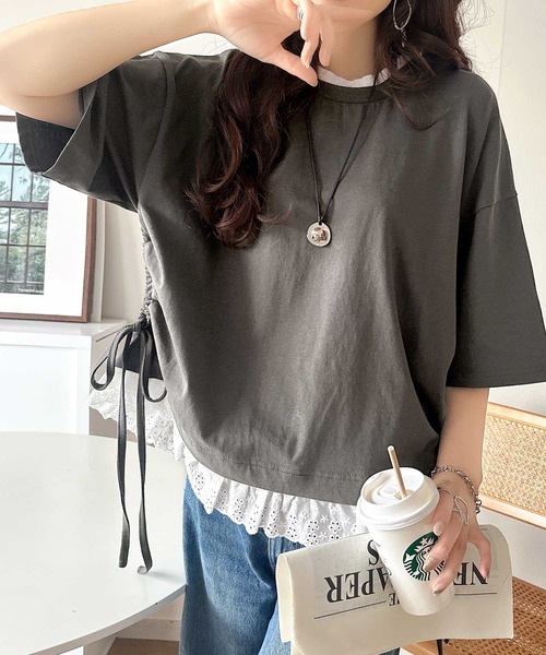 classicalelf（クラシカルエルフ）の「体型カバーも叶う！重ね着風で即こなれ感♪ レイヤード風サイドドロスト裾 綿100％レースビッグTシャツ（Tシャツ/カットソー・レディース・グリーン/チャコール/オフホワイト・SMALL/MEDIUM/LARGE/X-LARGE）」の20枚目の写真