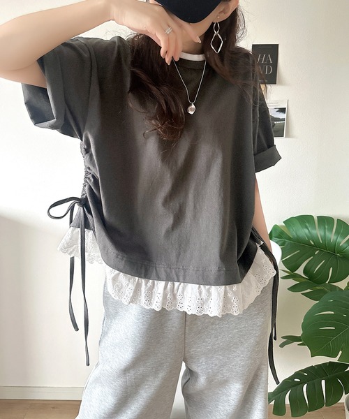 classicalelf（クラシカルエルフ）の「体型カバーも叶う！重ね着風で即こなれ感♪ レイヤード風サイドドロスト裾 綿100％レースビッグTシャツ（Tシャツ/カットソー・レディース・グリーン/チャコール/オフホワイト・SMALL/MEDIUM/LARGE/X-LARGE）」の22枚目の写真