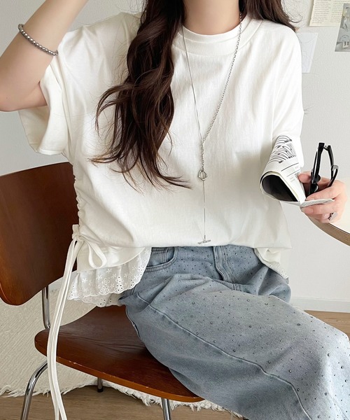 classicalelf（クラシカルエルフ）の「体型カバーも叶う！重ね着風で即こなれ感♪ レイヤード風サイドドロスト裾 綿100％レースビッグTシャツ（Tシャツ/カットソー・レディース・グリーン/チャコール/オフホワイト・SMALL/MEDIUM/LARGE/X-LARGE）」の7枚目の写真