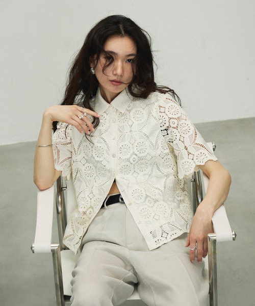 tシャツ CUT LACE EMBROIDERY T/SH カット レース エンブロイダリー Tシャツ 夏服 秋服 半袖 シアートップス レディース DFFUR. tシャツ シアー刺繍レーストップス レディース