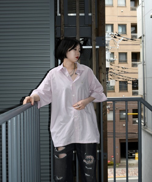 Anytime Songs(エニータイムソングス)の「one point embroidery check shirt/ワンポイント 刺繍 ミニチェック 半袖シャツ(シャツ/ブラウス・メンズ・ブルー/チャコールグレー/ピンク/ブラウン・M/L/XL)」の14枚目の写真