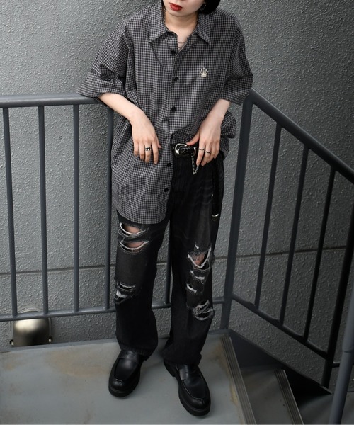 Anytime Songs(エニータイムソングス)の「one point embroidery check shirt/ワンポイント 刺繍 ミニチェック 半袖シャツ(シャツ/ブラウス・メンズ・ブルー/チャコールグレー/ピンク/ブラウン・M/L/XL)」の8枚目の写真