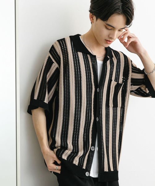 SENSE OF PLACE by URBAN RESEARCH(センスオブプレイスバイアーバンリサーチ)の「ストライプショートスリーブニットシャツ(ニット/セーター・メンズ・ミント/ライトベージュ/ブラック・MEDIUM/LARGE)」の2枚目の写真