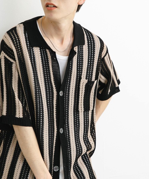 SENSE OF PLACE by URBAN RESEARCH(センスオブプレイスバイアーバンリサーチ)の「ストライプショートスリーブニットシャツ(ニット/セーター・メンズ・ミント/ライトベージュ/ブラック・MEDIUM/LARGE)」の10枚目の写真