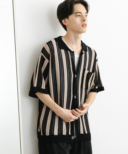 SENSE OF PLACE by URBAN RESEARCH(センスオブプレイスバイアーバンリサーチ)の「ストライプショートスリーブニットシャツ(ニット/セーター・メンズ・ミント/ライトベージュ/ブラック・MEDIUM/LARGE)」の6枚目の写真