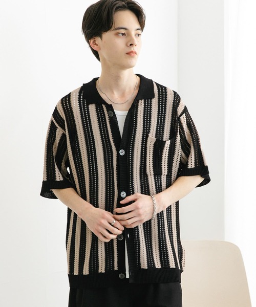 SENSE OF PLACE by URBAN RESEARCH(センスオブプレイスバイアーバンリサーチ)の「ストライプショートスリーブニットシャツ(ニット/セーター・メンズ・ミント/ライトベージュ/ブラック・MEDIUM/LARGE)」の7枚目の写真