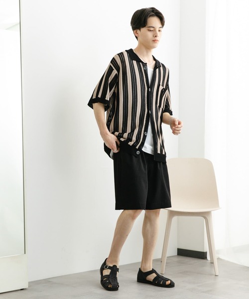 SENSE OF PLACE by URBAN RESEARCH(センスオブプレイスバイアーバンリサーチ)の「ストライプショートスリーブニットシャツ(ニット/セーター・メンズ・ミント/ライトベージュ/ブラック・MEDIUM/LARGE)」の4枚目の写真