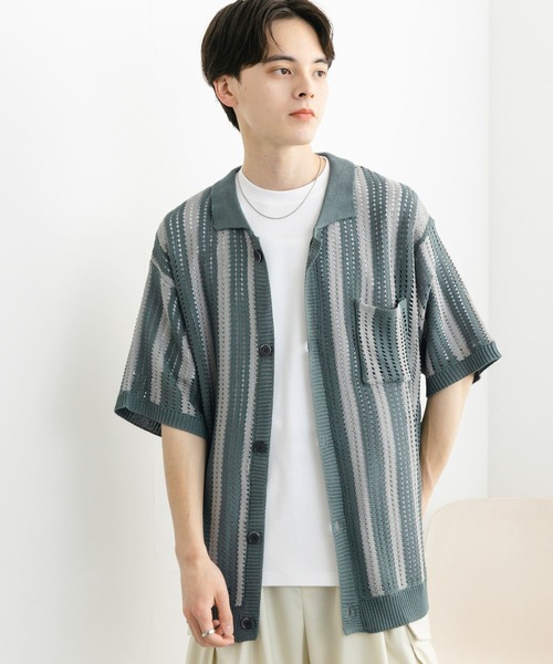 SENSE OF PLACE by URBAN RESEARCH(センスオブプレイスバイアーバンリサーチ)の「ストライプショートスリーブニットシャツ(ニット/セーター・メンズ・ミント/ライトベージュ/ブラック・MEDIUM/LARGE)」の5枚目の写真