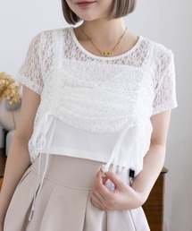 clear | ドロストリボンレース半袖トップス&キャミセット[韓国ファッション 大人 細見え]≪2025SS新作≫(Tシャツ/カットソー)