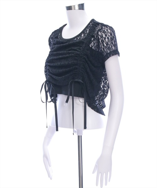 clear（クリア）の「ドロストリボンレース半袖トップス&キャミセット[韓国ファッション 大人 細見え]（Tシャツ/カットソー・レディース・オフホワイト/ブラック・F）」の6枚目の写真