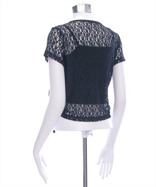 clear（クリア）の「ドロストリボンレース半袖トップス&キャミセット[韓国ファッション 大人 細見え]（Tシャツ/カットソー・レディース・オフホワイト/ブラック・F）」の8枚目の写真