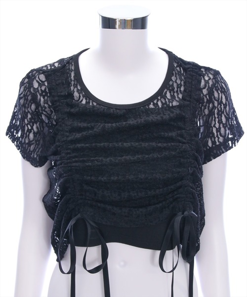 clear（クリア）の「ドロストリボンレース半袖トップス&キャミセット[韓国ファッション 大人 細見え]（Tシャツ/カットソー・レディース・オフホワイト/ブラック・F）」の10枚目の写真