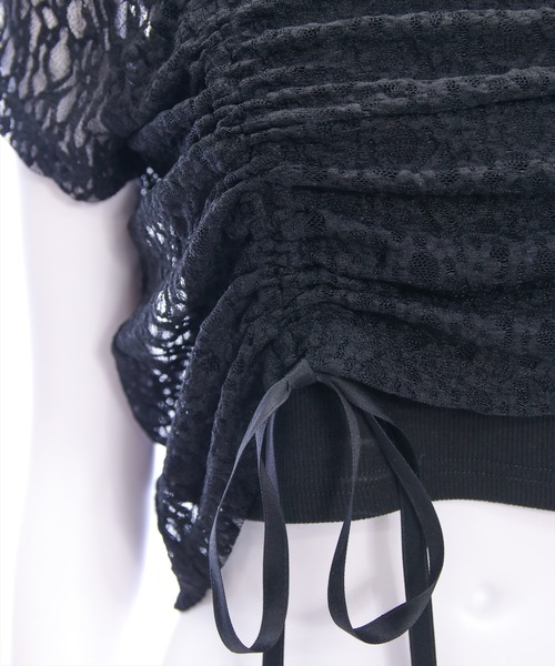 clear（クリア）の「ドロストリボンレース半袖トップス&キャミセット[韓国ファッション 大人 細見え]（Tシャツ/カットソー・レディース・オフホワイト/ブラック・F）」の12枚目の写真