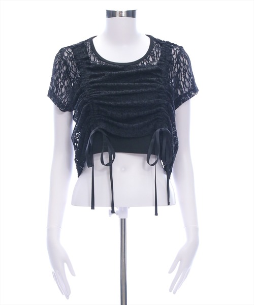 clear（クリア）の「ドロストリボンレース半袖トップス&キャミセット[韓国ファッション 大人 細見え]（Tシャツ/カットソー・レディース・オフホワイト/ブラック・F）」の18枚目の写真