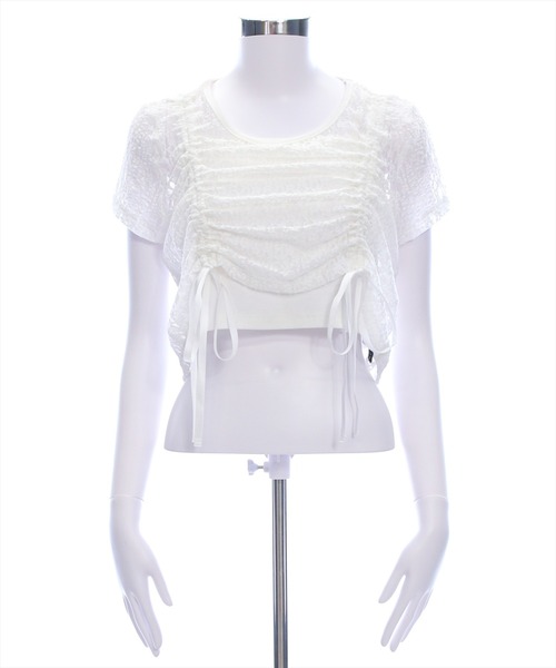 clear（クリア）の「ドロストリボンレース半袖トップス&キャミセット[韓国ファッション 大人 細見え]（Tシャツ/カットソー・レディース・オフホワイト/ブラック・F）」の19枚目の写真