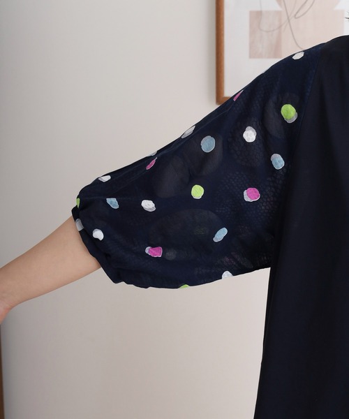 tシャツ BRODIAEA 塩縮加工ドット切り替え5分袖カットソー「日本製」 レディース セール】BRODIAEA 塩縮加工ドット切り替え5分袖カットソー【日本