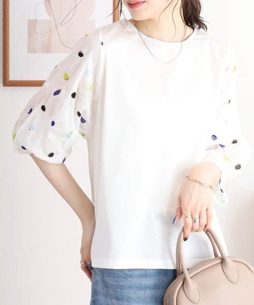 tシャツ BRODIAEA 塩縮加工ドット切り替え5分袖カットソー「日本製」 レディース セール】BRODIAEA 塩縮加工ドット切り替え5分袖カットソー【日本