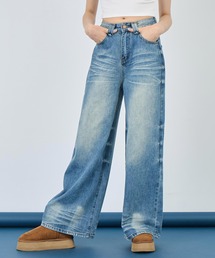 ウォッシュ 加工 シンプル ワイド ストレート デニム パンツ