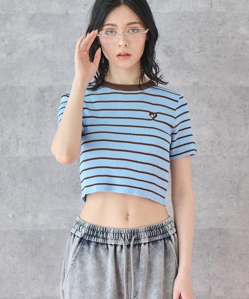 セール】ミックスボーダー クロップド Tシャツ トップス（T