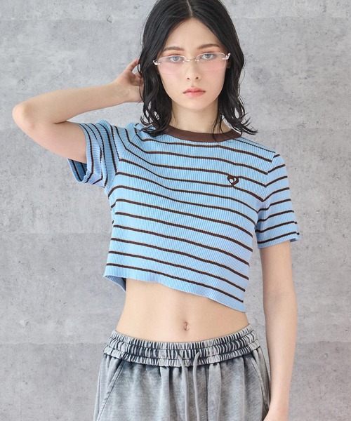 tシャツ オーバーサイズ レーヨン クロップド丈 ミックスボーダー半袖Tシャツ レディース オーバーサイズ レーヨン クロップド丈 ミックスボーダー半袖T