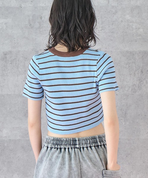 tシャツ オーバーサイズ レーヨン クロップド丈 ミックスボーダー半袖Tシャツ レディース オーバーサイズ レーヨン クロップド丈 ミックスボーダー半袖T