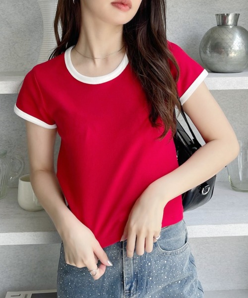 TREOVER(トレオーバー)の「程良くコンパクトなサイジングのリンガーTシャツ(Tシャツ/カットソー・レディース・ホワイト×ブラック/ブラック/ホワイト×レッド/オフホワイト/オートミール・FREE)」の9枚目の写真