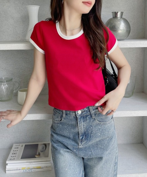 TREOVER(トレオーバー)の「程良くコンパクトなサイジングのリンガーTシャツ(Tシャツ/カットソー・レディース・ホワイト×ブラック/ブラック/ホワイト×レッド/オフホワイト/オートミール・FREE)」の10枚目の写真