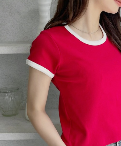 TREOVER(トレオーバー)の「程良くコンパクトなサイジングのリンガーTシャツ(Tシャツ/カットソー・レディース・ホワイト×ブラック/ブラック/ホワイト×レッド/オフホワイト/オートミール・FREE)」の13枚目の写真