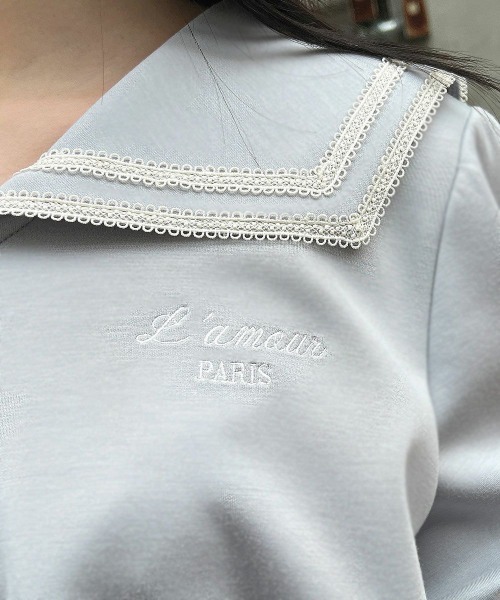 F i.n.t（フィント）の「【セットアップ対応】レースラインセーラーカットトップス　夏服【1枚で快適】（Tシャツ/カットソー・レディース・オフホワイト/ライトブルー・FREE）」の3枚目の写真