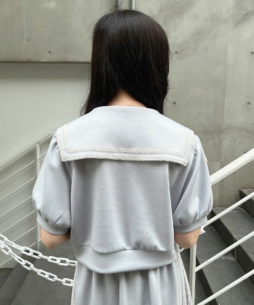 F i.n.t（フィント）の「【セットアップ対応】レースラインセーラーカットトップス　夏服【1枚で快適】（Tシャツ/カットソー・レディース・オフホワイト/ライトブルー・FREE）」の6枚目の写真