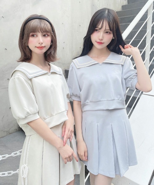 F i.n.t（フィント）の「【セットアップ対応】レースラインセーラーカットトップス　夏服【1枚で快適】（Tシャツ/カットソー・レディース・オフホワイト/ライトブルー・FREE）」の7枚目の写真