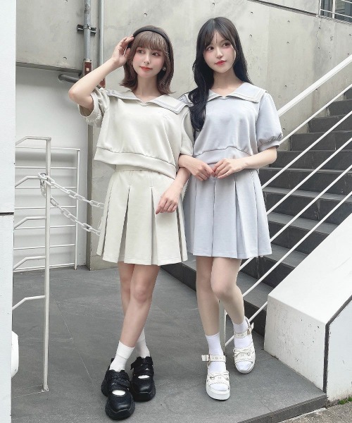 F i.n.t（フィント）の「【セットアップ対応】レースラインセーラーカットトップス　夏服【1枚で快適】（Tシャツ/カットソー・レディース・オフホワイト/ライトブルー・FREE）」の8枚目の写真