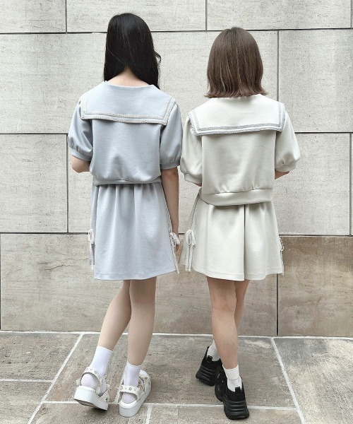 F i.n.t（フィント）の「【セットアップ対応】レースラインセーラーカットトップス　夏服【1枚で快適】（Tシャツ/カットソー・レディース・オフホワイト/ライトブルー・FREE）」の9枚目の写真