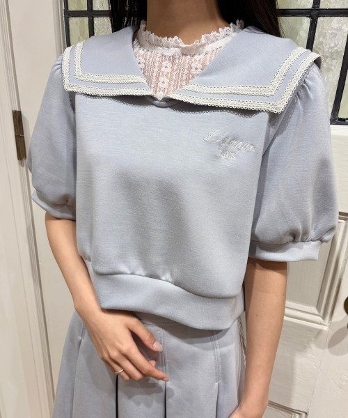 F i.n.t（フィント）の「【セットアップ対応】レースラインセーラーカットトップス　夏服【1枚で快適】（Tシャツ/カットソー・レディース・オフホワイト/ライトブルー・FREE）」の12枚目の写真