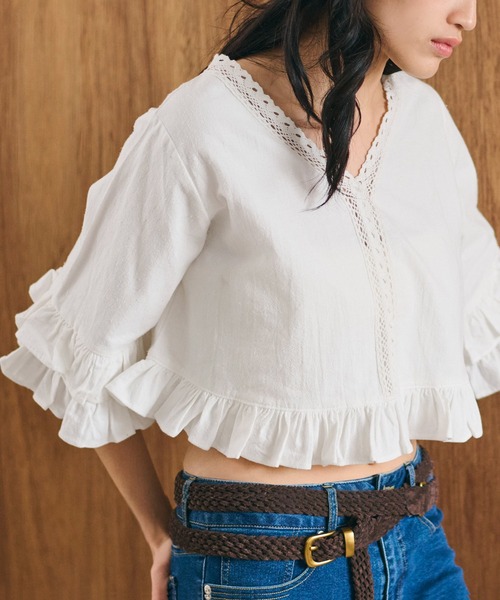 coca(coca)(コカ)の「ウォッシュドコットンVネックブラウス(シャツ/ブラウス・レディース・ホワイト・L/M)」の3枚目の写真