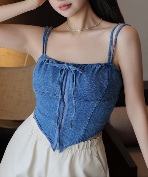 デニム前リボンクロップドビスチェキャミ（チューブトップ