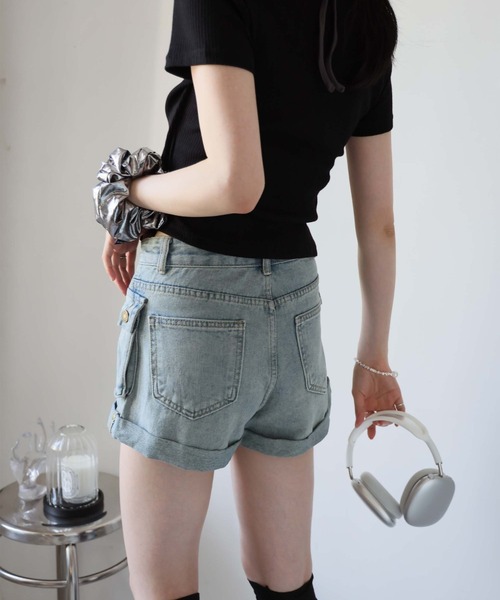 美品　AMOMENTO ブラック ポケット デニムショートパンツ DIANTE レザーポケットデニムショートパンツ 瀬戸南 - メルカリ