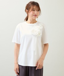 Rose Tiara - Rose Tiara(ローズティアラ) 半袖カットソー サイズ42 L レディース美品  - 白×黒 クルーネック/異素材切替/フェイクパール/ボーダー Rose Tiara - Rose Tiara(ローズティアラ) 半袖カットソー